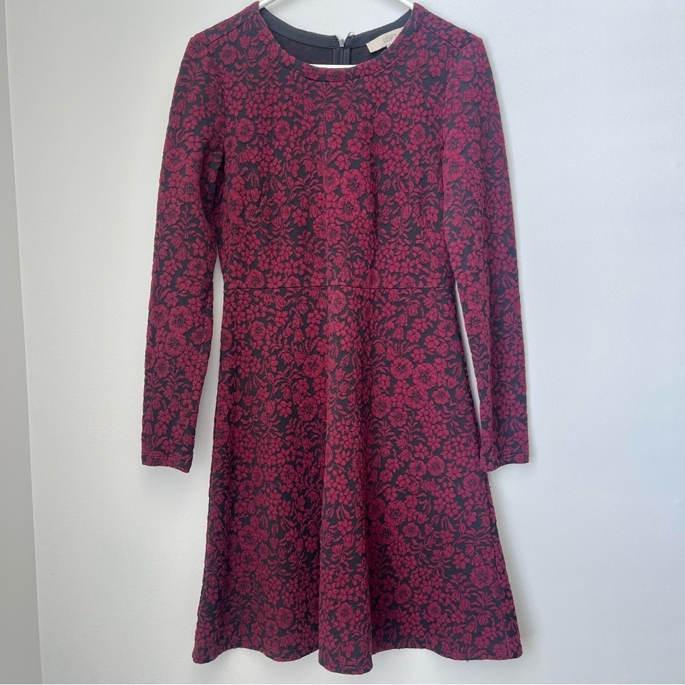 LOFT Long Sleeve A-line Floral Dress Maroon and Black Size 4